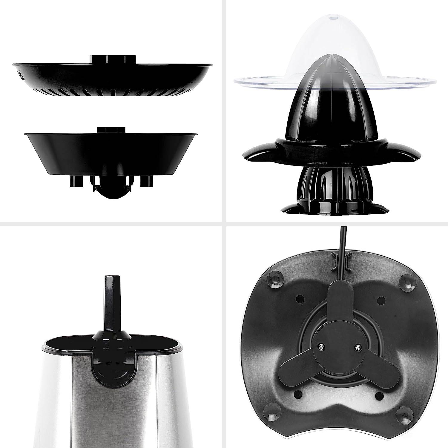 Duronic JE6 SR Kompakter elektrischer Edelstahl-Entsafter/Zitruspresse/Orangenpresse/Saftpresse 100W - 2 Presskegel