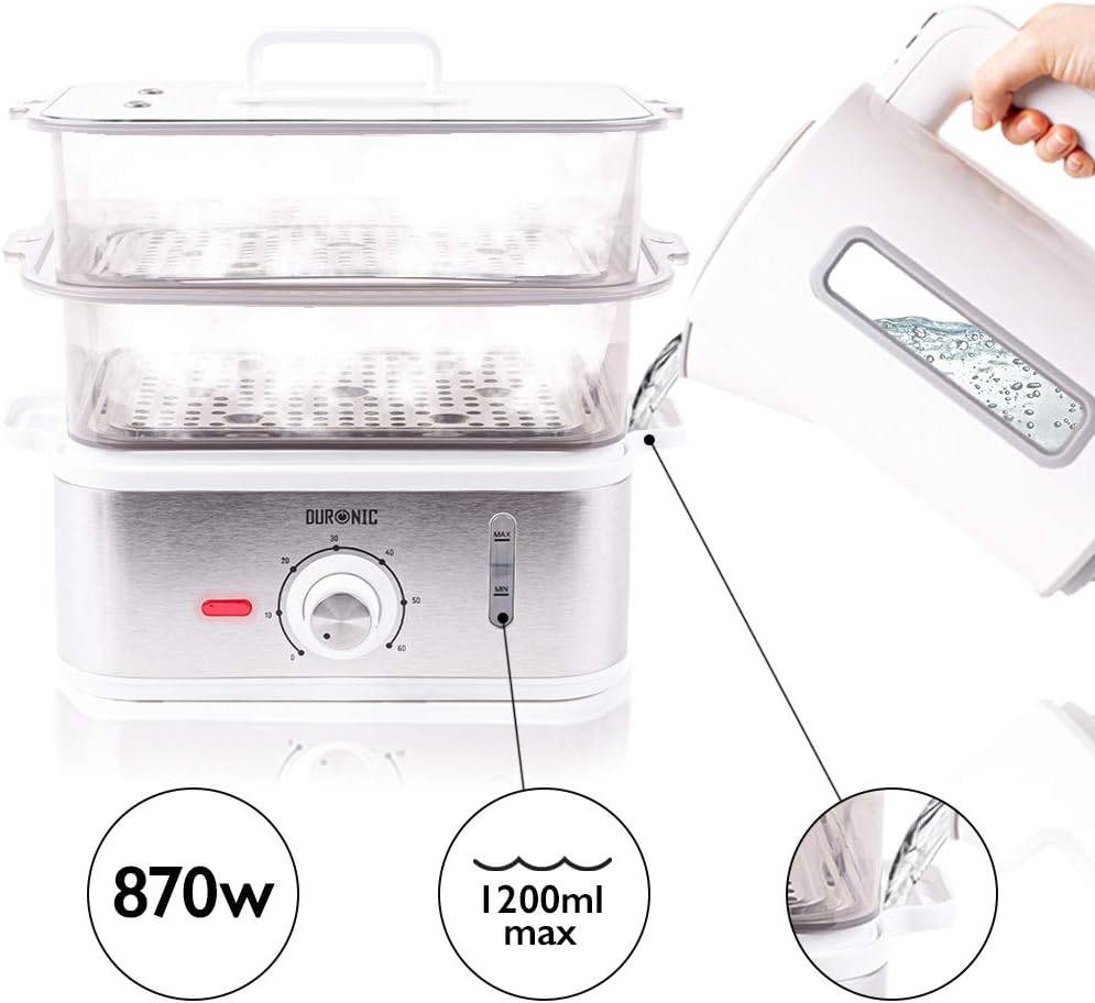 Duronic FS87 Dampfgarer 870W - 3 Dampfgarbehälter BPA-frei – Wasserstandsanzeige – Reisschale - 10,6 L Kapazität – Timer