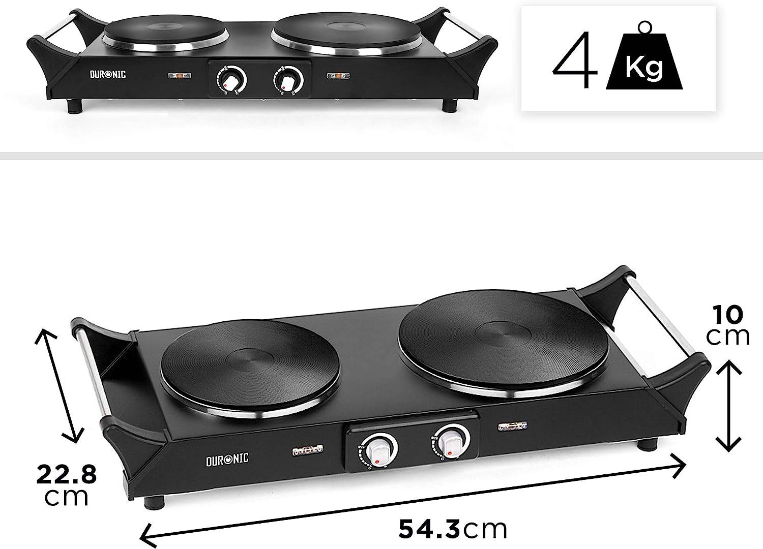 Duronic HP2 BK Kochplatte - elektrische Herdplatte 2500W - Kochfeld aus rostfreiem Edelstahl - stufenlose Temperatur