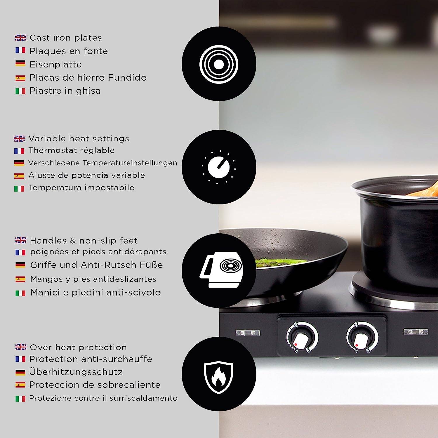 Duronic HP2 BK Kochplatte - elektrische Herdplatte 2500W - Kochfeld aus rostfreiem Edelstahl - stufenlose Temperatur