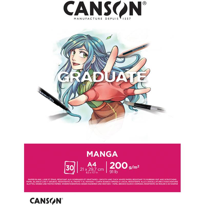 Eine Zeichnung einer Person mit blauen Haaren, die in beiden Händen Zeichenstifte hält. Das Wort ‚GRADUATE' ist überlagert. Der Text darunter liest ‚Canson Manga.