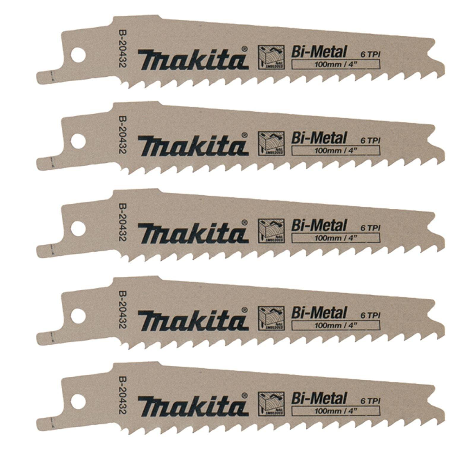 Fünf Makita Bi-Metall-Stichsägeblätter nebeneinander aufgereiht, mit der Beschriftung '100mm / 4