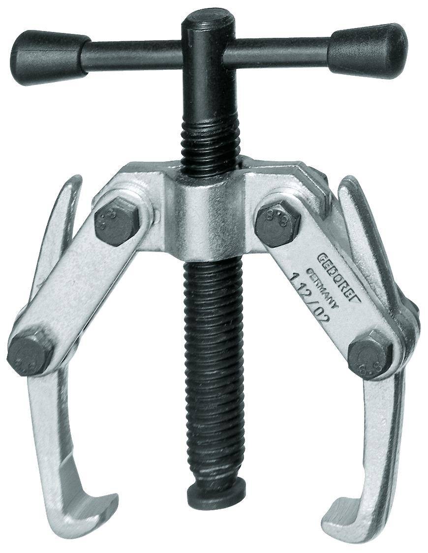 Ein Metallgetriebeabzieher mit zwei Armen und einem zentralen Schraubenmechanismus, der zum Entfernen von Zahnrädern aus Maschinen verwendet wird.