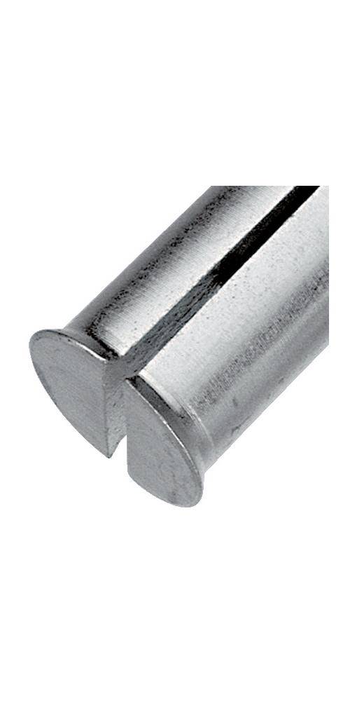 Nahaufnahme eines Metallstiftbolzens mit einem halbkreisförmigen Kopf und einem Schlitz, wahrscheinlich zur Ausrichtung in mechanischen Anwendungen verwendet.