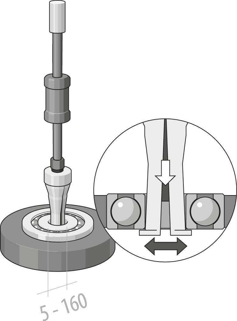 Ein Diagramm, das eine Vorrichtung zum Einsetzen eines Niets in Material zeigt. Eine eingefügte Detailansicht zeigt Komponenten, die sich horizontal ausrichten und bewegen.