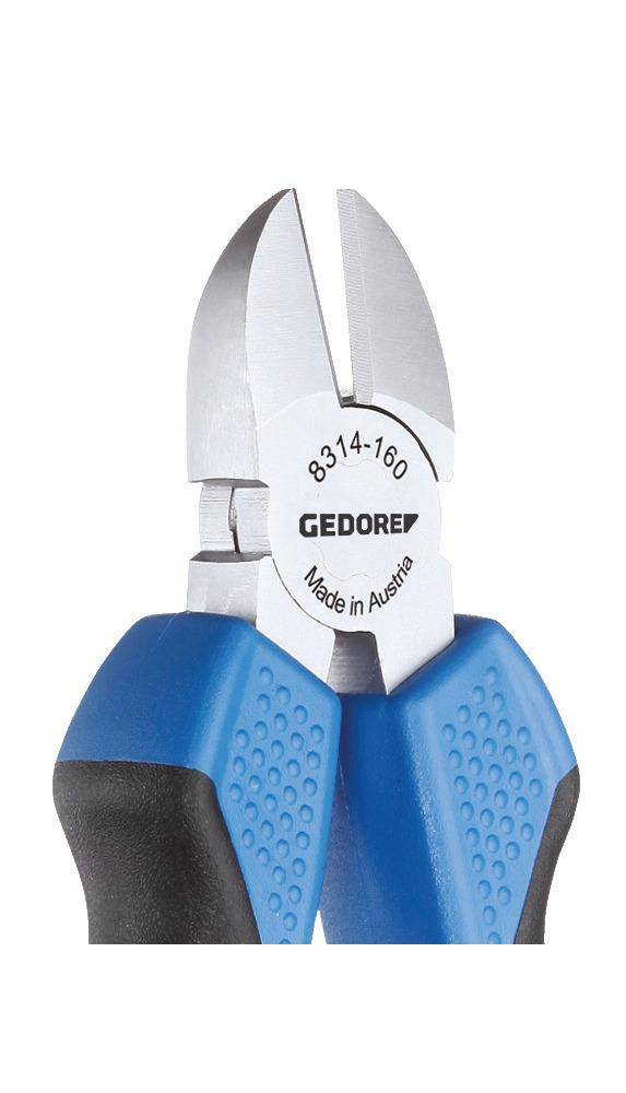 Zange mit blauem und schwarzem strukturiertem Griff, beschriftet mit „GEDORE 8314-160 Made in Austria