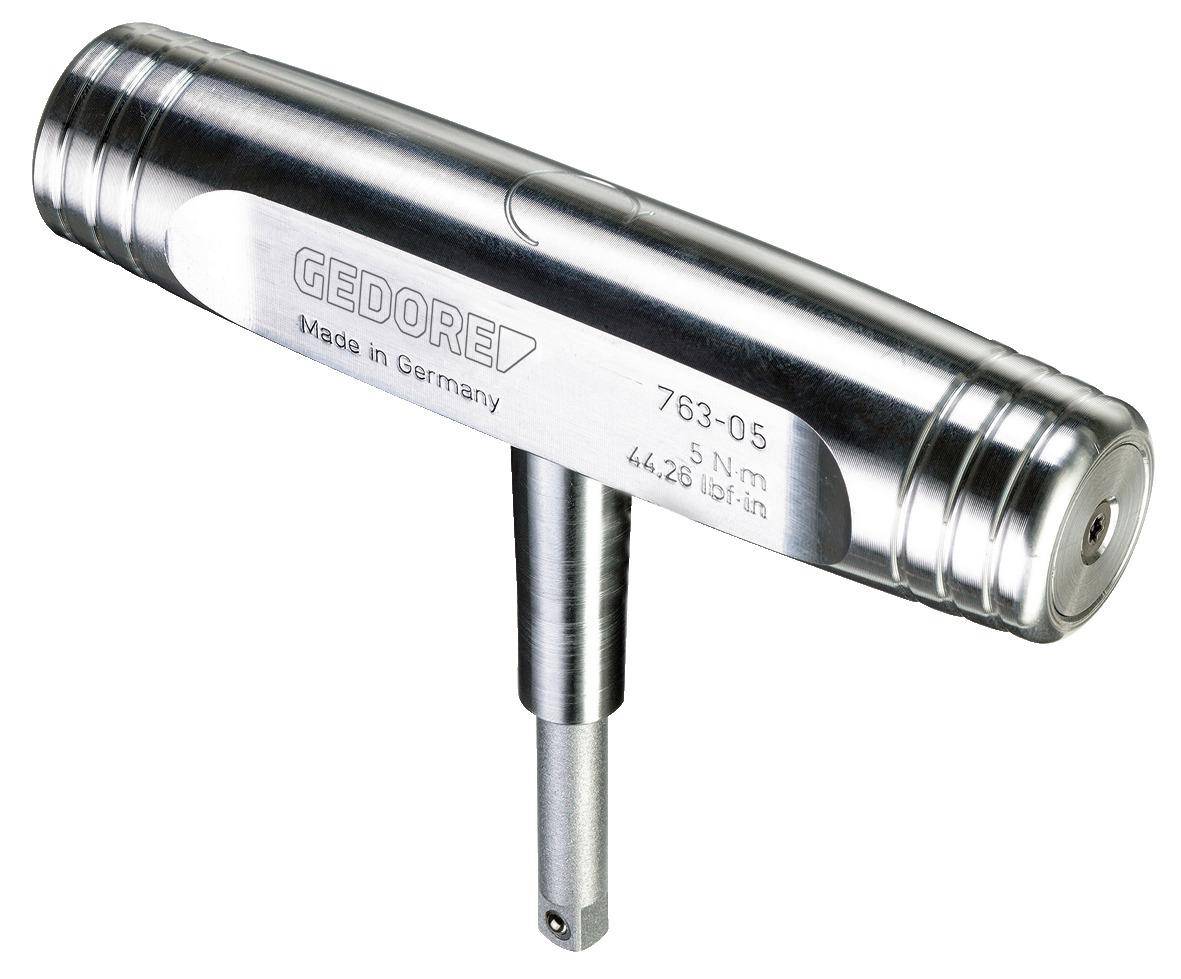 T-Griff-Drehmomentschlüssel aus Metall, gekennzeichnet mit 'GEDORE', mit den Spezifikationen '763-05', '5 N·m' und '44.25 lbf·in', die die Drehmomentkapazität angeben.
