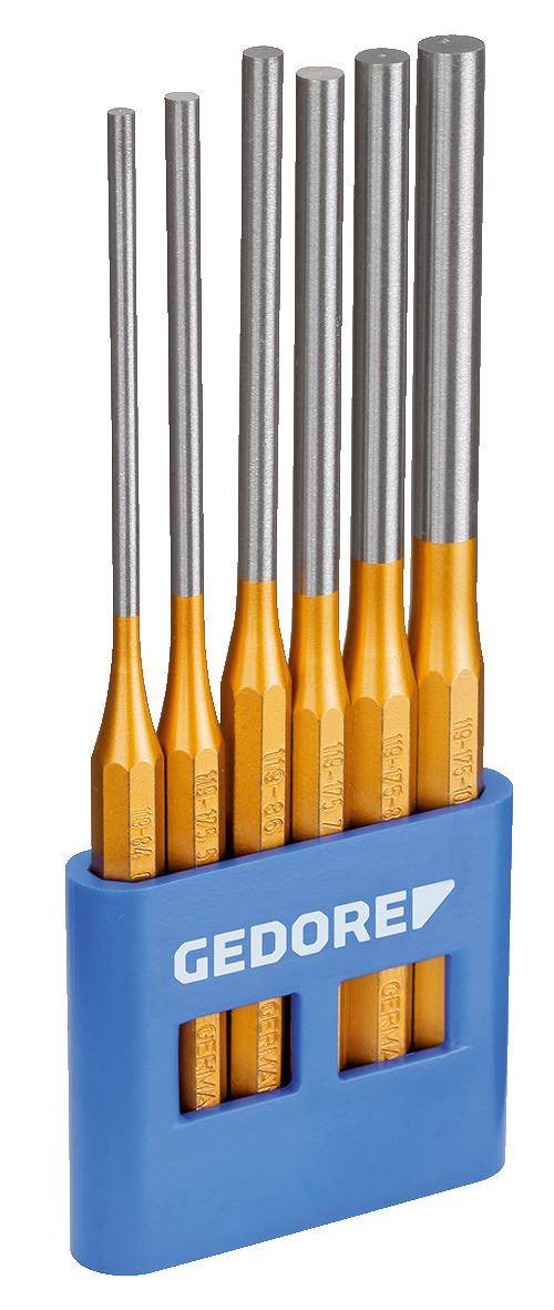 Ein Satz von fünf orange-silbernen Schraubendreher-Bits, die in einem blauen Halter gehalten werden.