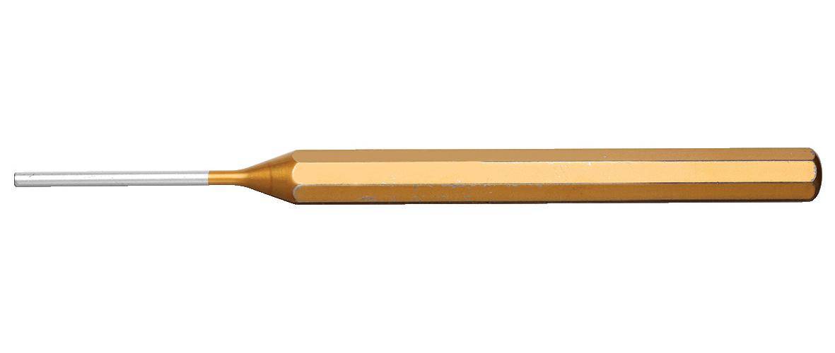 Ein spitzer, goldfarbener, sechskantiger Stab, der einem Bleistift ähnelt, von der Seite betrachtet.