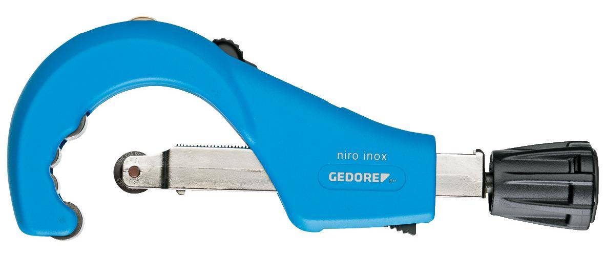 Ein blaues einziehbares Universalmesser mit Metallklinge und den Worten 'niro inox GEDORE' auf der Seite aufgedruckt.