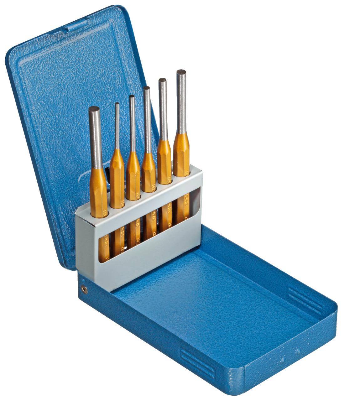 Ein Satz von acht Locher mit gelbem Griff in einem blauen offenen Koffer. Die Locher sind in verschiedenen Größen angeordnet und in einem Halter untergebracht.