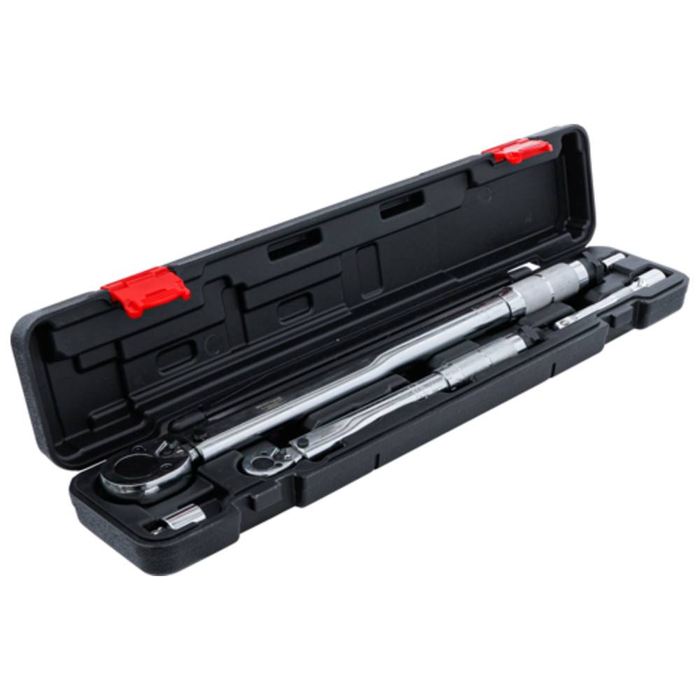 Ein Drehmomentschlüssel-Set in einem schwarzen Koffer mit roten Verschlüssen, ausgestattet mit einem langen Griff und einem Ratschenmechanismus, verwendet zum präzisen Anziehen von Schrauben mit einem bestimmten Drehmoment.