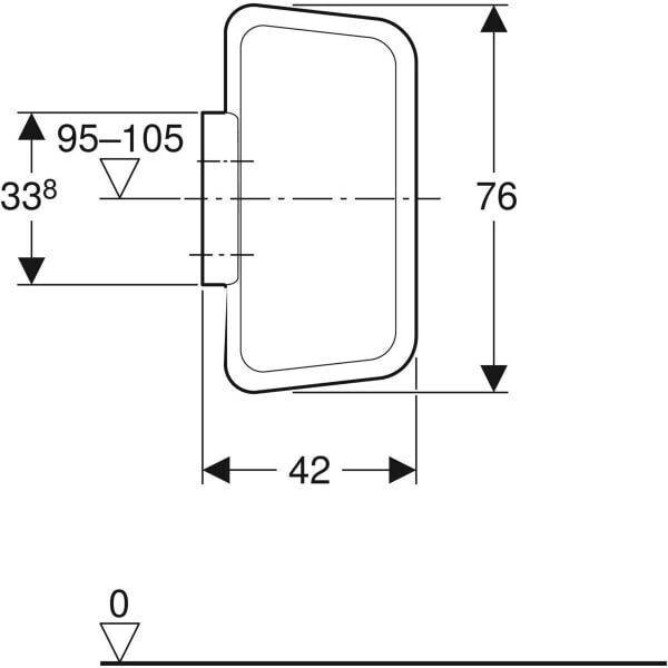 Technische Maßzeichnung eines rechteckigen Griffs oder Riegels mit den Abmessungen 76, 42, 95–105 und 33,8 sowie einer Fluchtungslinie.