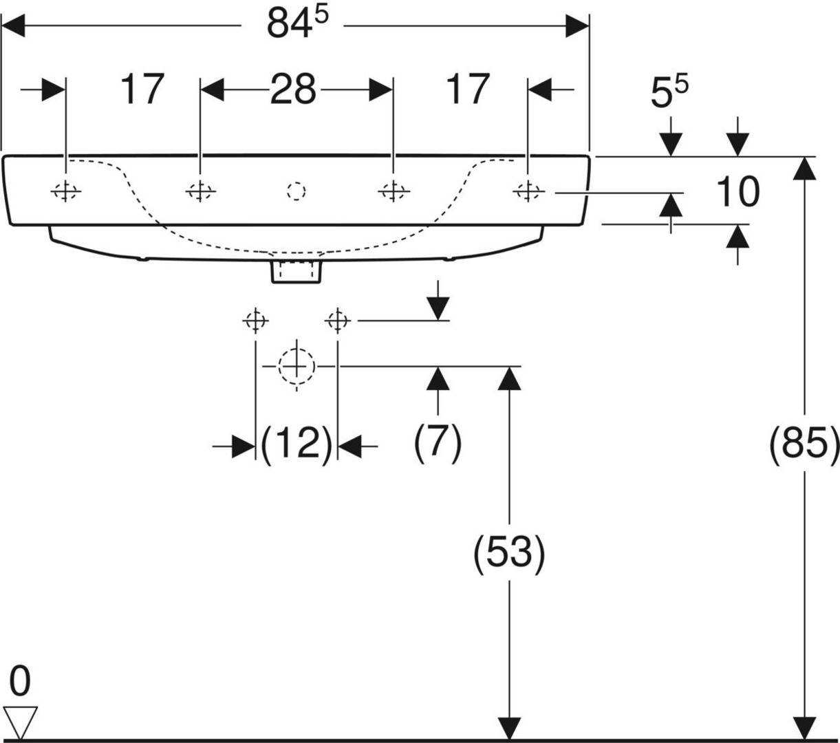 Technische Maßzeichnung eines Spülbeckens oder Waschbeckens mit einer Breite von 84,5, einer Höhe von 85 und Befestigungslöchern mit den Abständen 17, 28, 17, 5,5, 10, 12, 7 und 53.