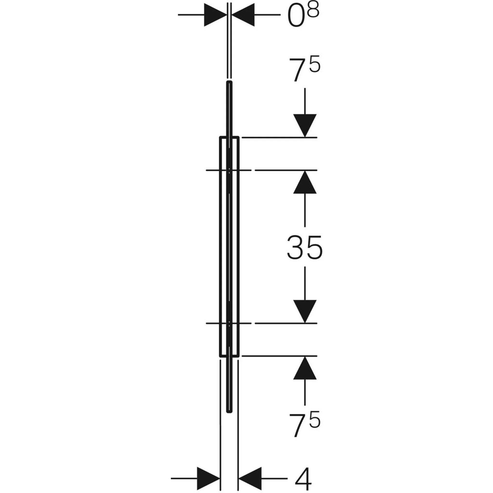 Technische Maßstabzeichnung einer schmalen vertikalen Komponente mit einer Breite von 0,8 oben und 4 unten, mit vertikalen Segmenten mit den Bezeichnungen 7,5, 35 und 7,5.