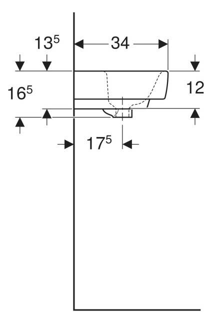 Seitenansicht einer technischen Zeichnung eines wandmontier­ten Beckens oder einer Befestigung mit Bemaßungslinien, die eine Breite von 34, eine Höhe von 12 und Versätze von 13,5, 16,5 und 17,5 zeigen.