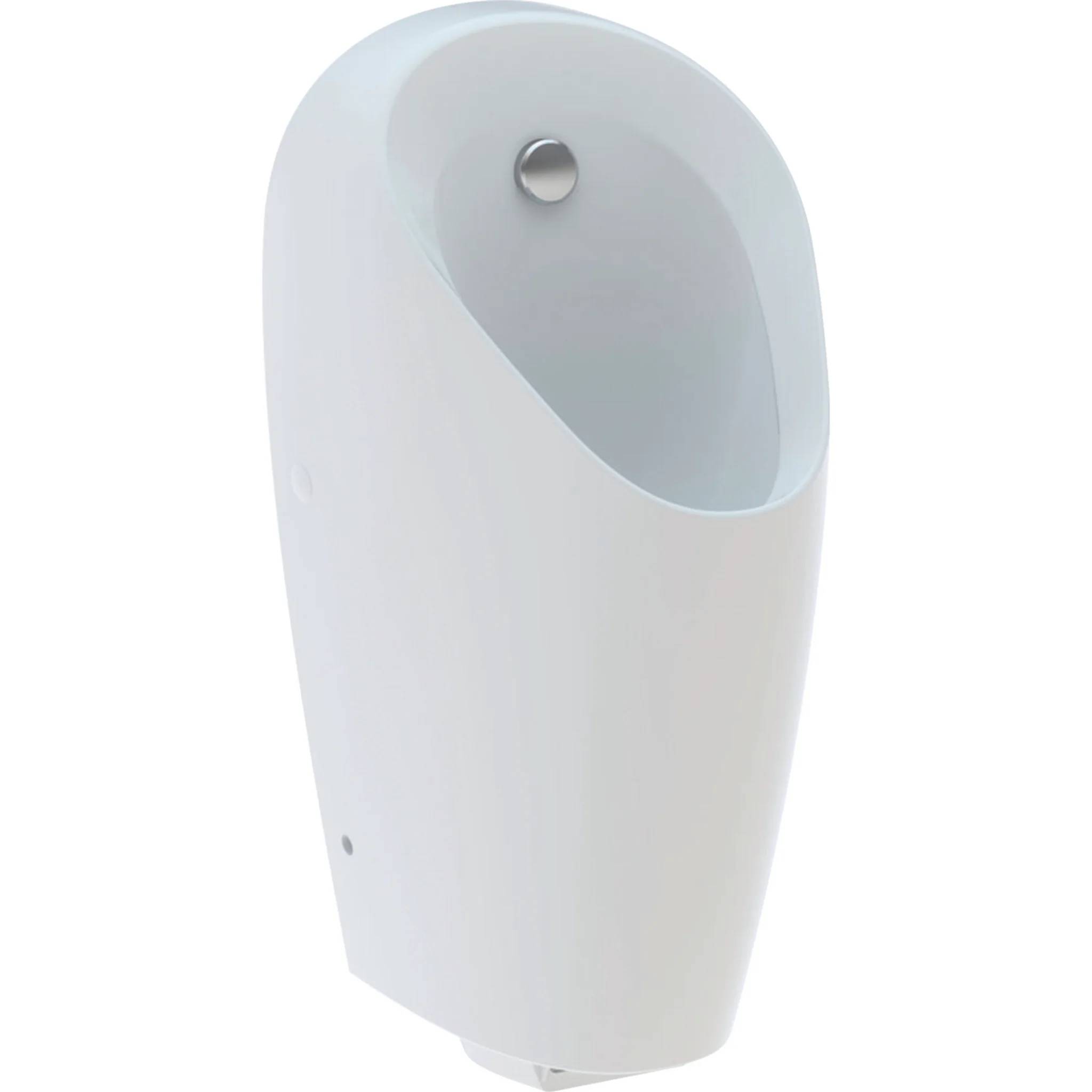 Weiß gestaltetes, an der Wand angebrachtes Urinal mit glatter ovaler Öffnung, vor einem einfarbigen Hintergrund dargestellt.