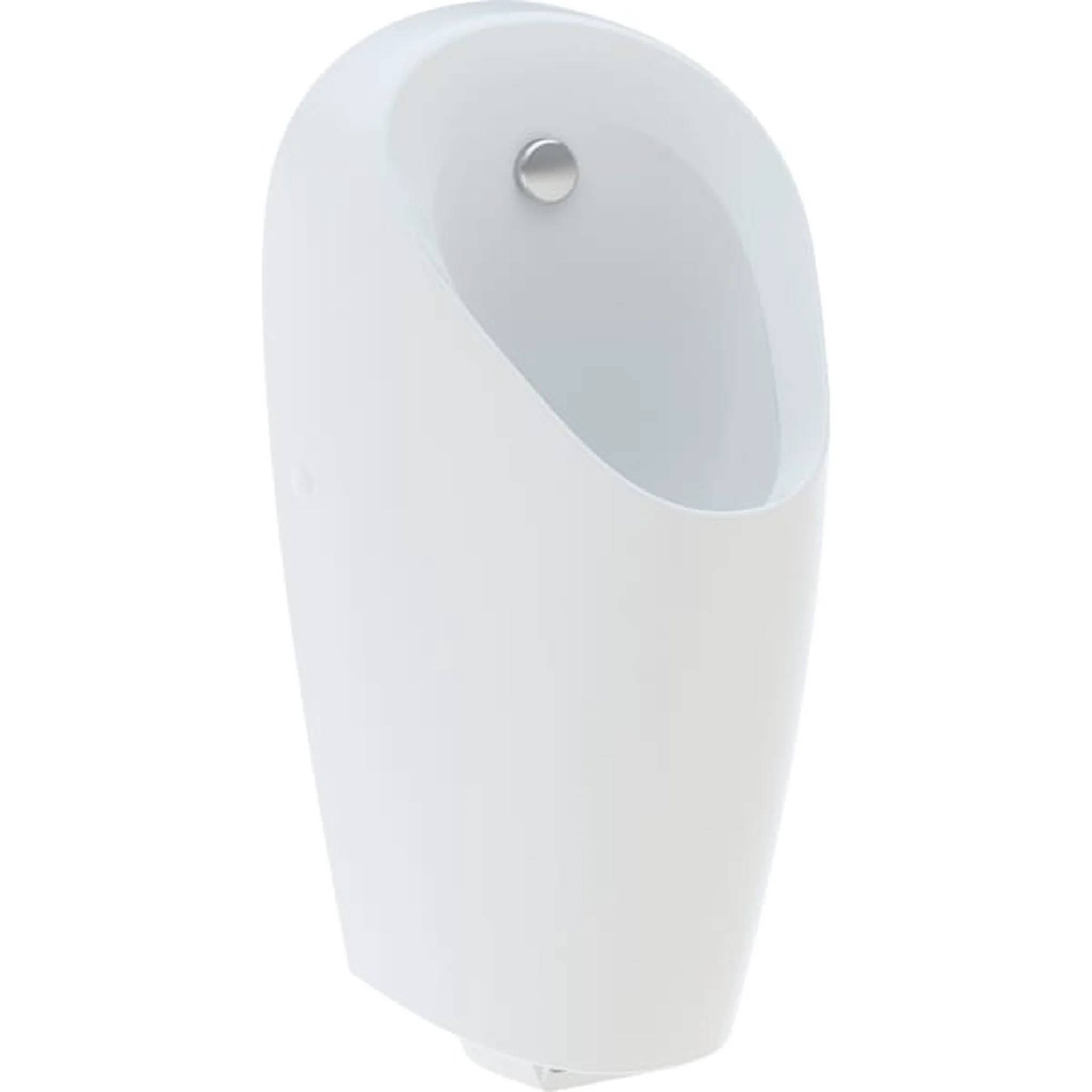 Weiße wandmontierte Urinal mit gekrümmter Oberseite und sichtbarem Spülsensor, dargestellt vor einem einfachen Hintergrund.