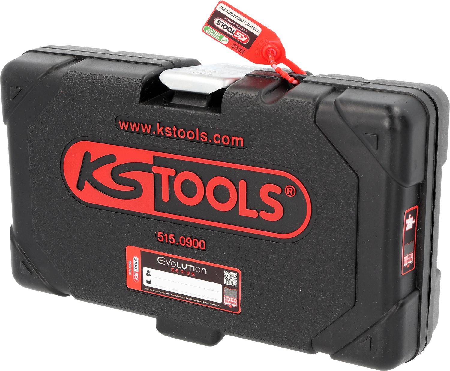Ein schwarzer KS Tools Koffer mit einem roten Anhänger, auf dem eine Website-URL und die Modellnummer '515.0900' mit der Bezeichnung 'Evolution Serie' angebracht sind.