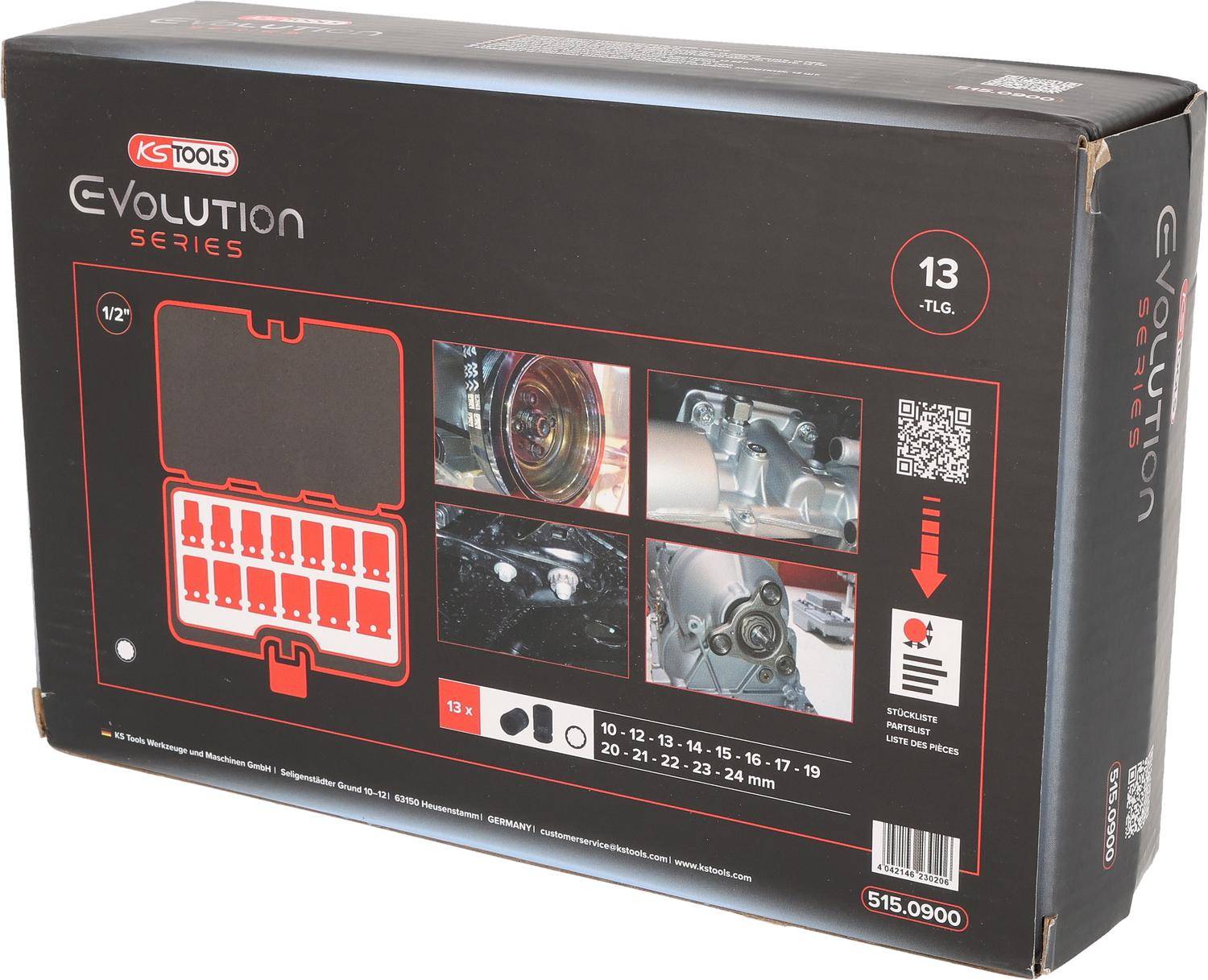 Die Abbildung zeigt eine Verpackung der KS Tools Evolution Serie, die ein 13-teiliges Werkzeugset mit verschiedenen Sockelbzw. Steckschlüsselgrößen auf der Verpackung detailliert präsentiert.