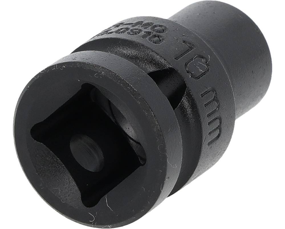 Ein schwarzer 10-mm-Steckschlüssel mit quadratischer Aufnahme, der zum Greifen und Drehen von Schrauben oder Muttern verwendet wird.