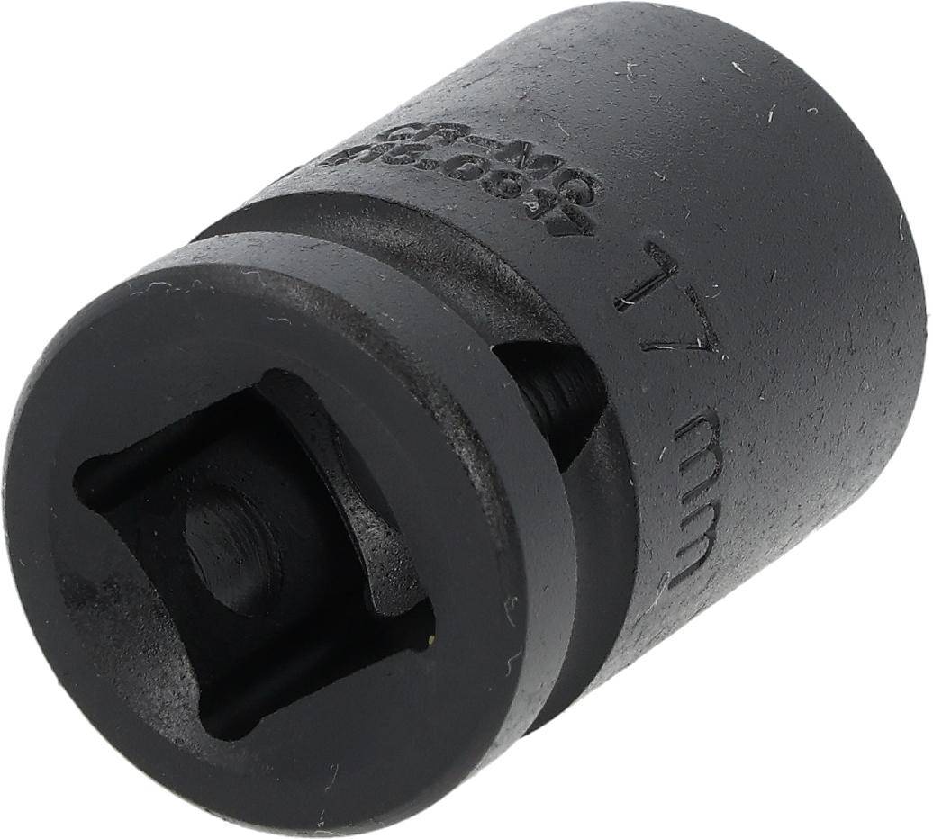 Eine schwarze Schlagschraubernuss mit 17 mm und quadratischem Antrieb wird gezeigt. Sie verfügt über ein robustes Design für schwere Befestigungsaufgaben.