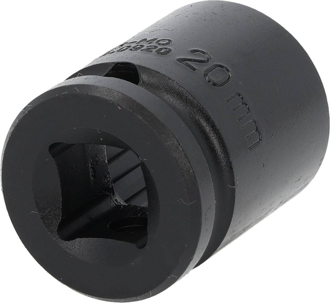 Ein schwarzer Metallsteckschlüssel-Kopf mit einer 20-mm-Markierung, der dazu ausgelegt ist, über Schraubenköpfe oder Muttern gestülpt zu werden, um diese zu festigen oder zu lösen.