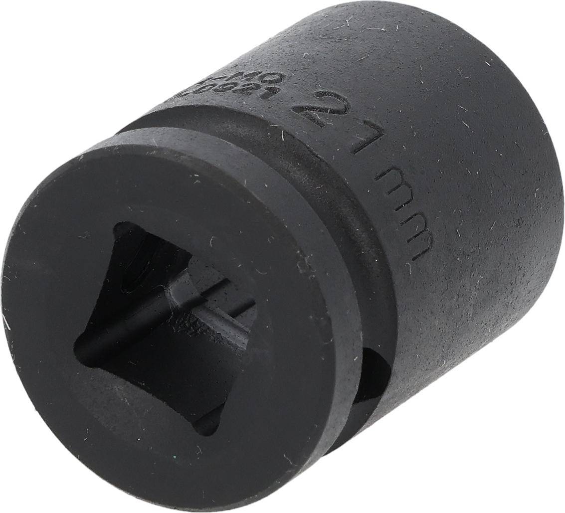 Ein schwarzer Steckschlüsseleinsatz mit 21 mm Größe, zylindrisch mit einer quadratischen Antriebsbohrung. Er wird typischerweise zum Anziehen oder Lösen von Muttern und Schrauben verwendet.