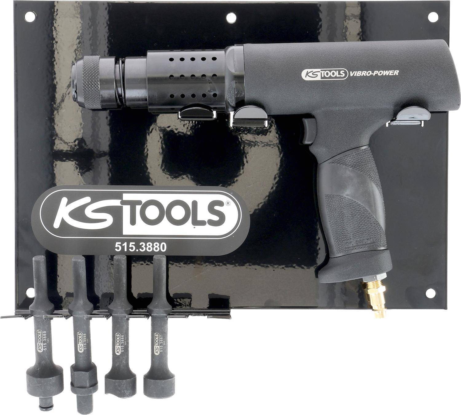 KG Tools Vibro-Power' pneumatisches Werkzeug, montiert auf einem schwarzen Panel mit vier austauschbaren Bits, gekennzeichnet mit '515.3880' für vielseitige Anwendungen.