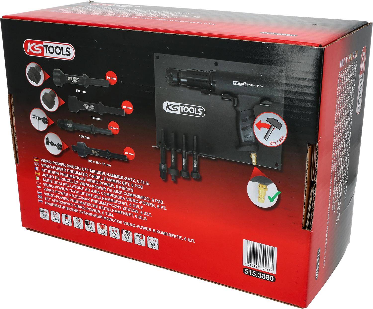 Das Bild zeigt die Verpackung eines KS Tools Druckluft-Meißelhammer-Sets. Es enthält eine Abbildung des Werkzeugs mit sechs Meißeln und den Text 'Vibro-Power Druckluft-Meißelhammer-Satz'.
