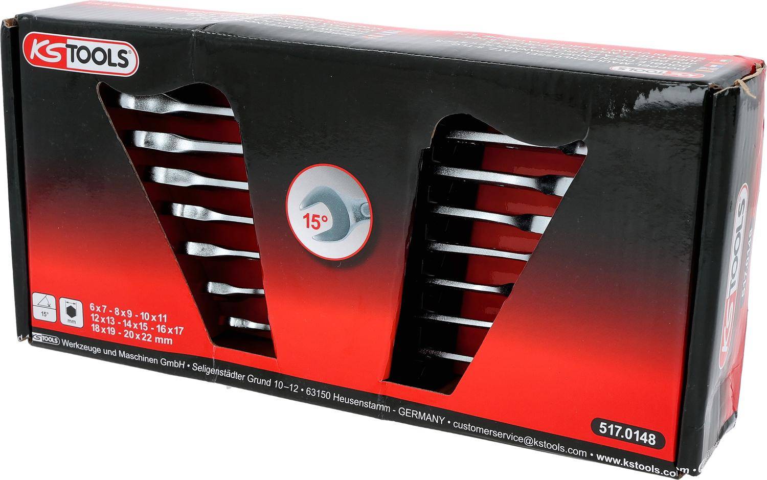 Ein Schraubenschlüssel-Set in einer Box mit schrägen Schlitzen und einer auf der Verpackung abgebildeten 15-Grad-Öffnung, gekennzeichnet mit einem Kundenservice-Kontakt in Deutschland.
