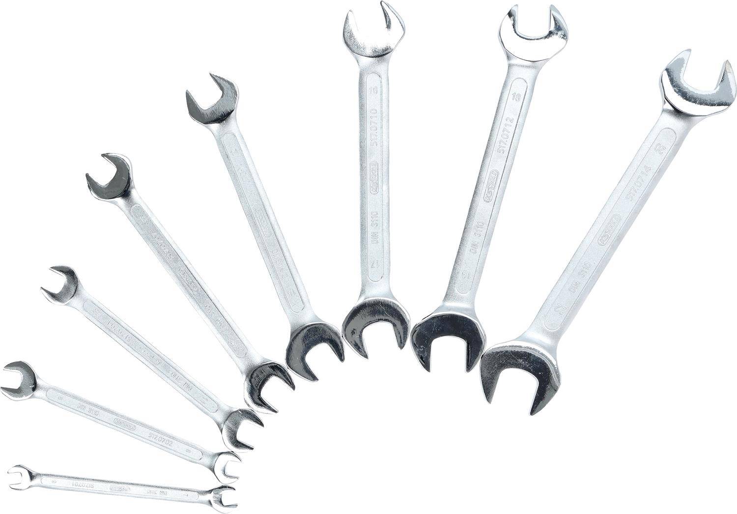 Eine Reihe von acht Maulschlüsseln unterschiedlicher Größen ist auf einem weißen Hintergrund gefächert und zeigt ihre Bandbreite und den Zweck für mechanische Anwendungen.