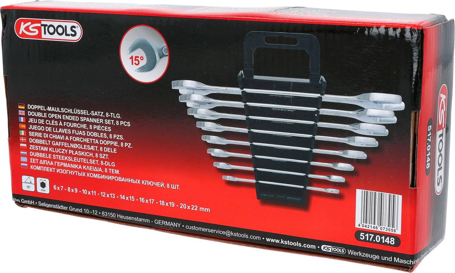 Ein Satz Schraubenschlüssel wird in einem Transportkoffer präsentiert. Die Verpackung hebt ein 15-Grad-Winkel-Feature hervor und listet Größen von 8-19 mm auf.