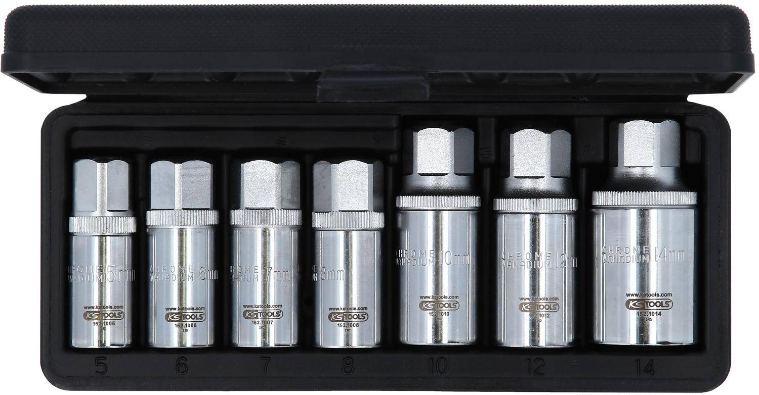 Ein Satz metrischer Steckschlüssel-Adapter, von 6 mm bis 12 mm, in einem schwarzen Organizer angeordnet. Jeder Adapter ist mit seiner Größe beschriftet.