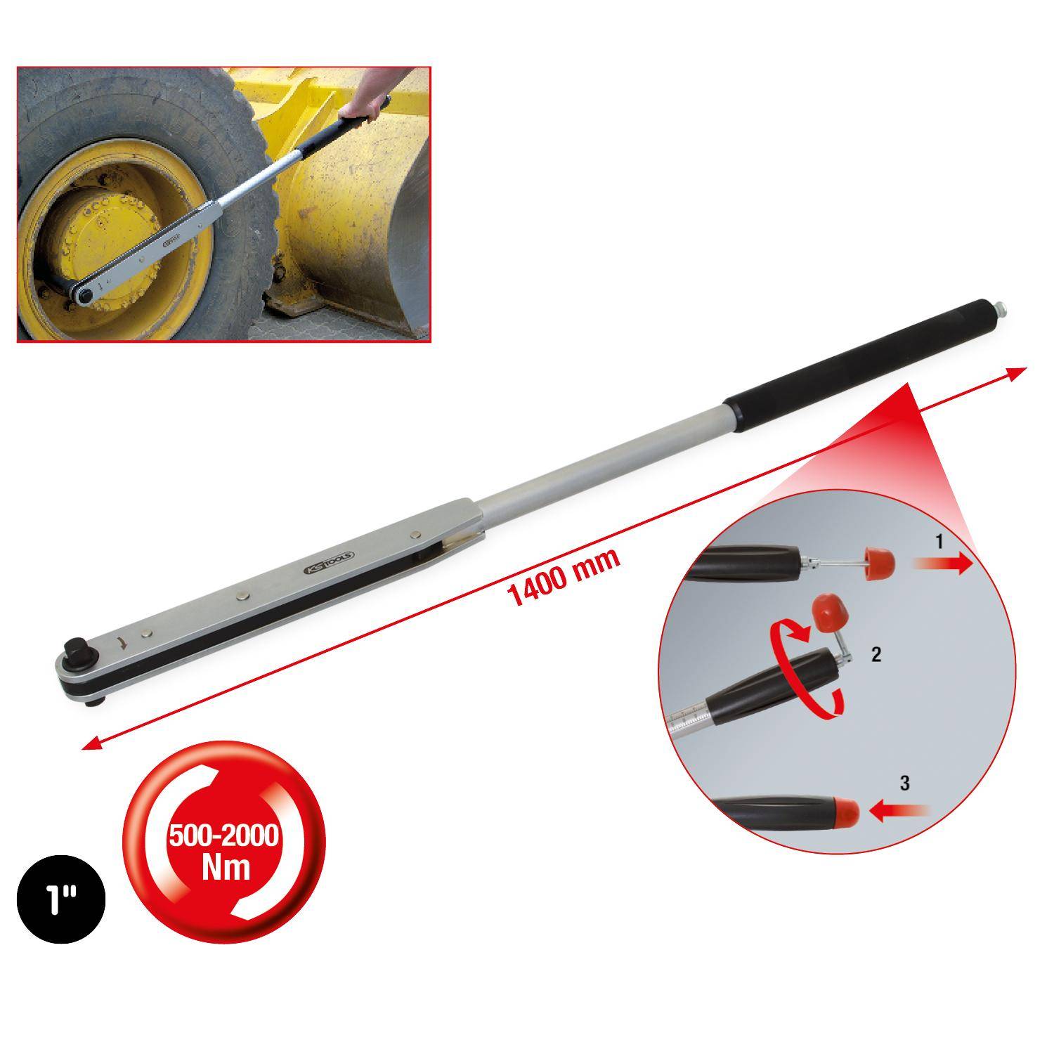 KS TOOLS 1" Kurzweg-Drehmomentschlssel, 500-2000Nm