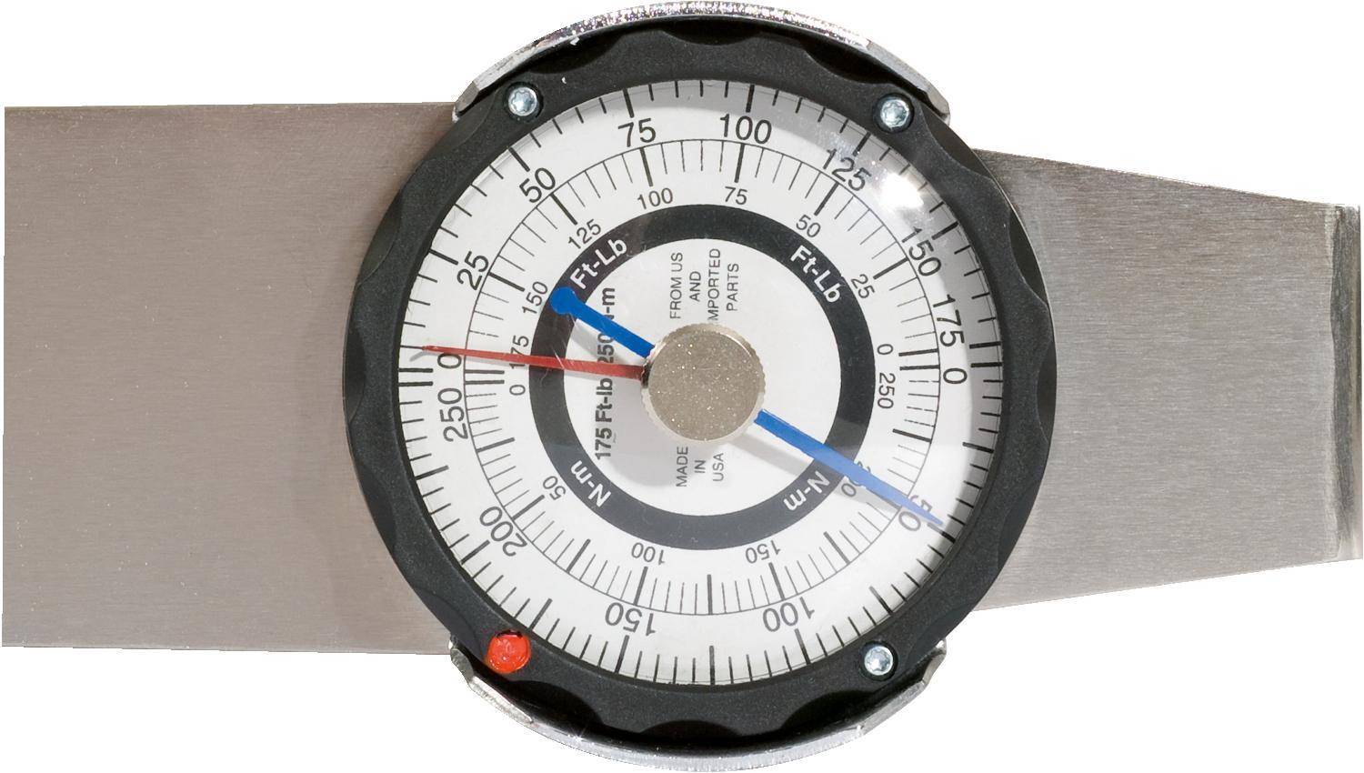 Ein rundes Drehmoment-Zeigerinstrument mit einer roten Nadel, die auf 250 Nm zeigt, und einer blauen Nadel, die 185 ft-lb anzeigt. Die Skala reicht von 0 bis 175 ft-lb.