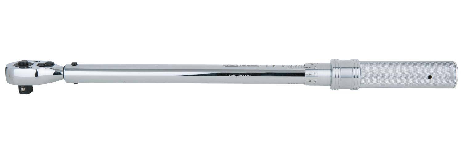 Ein Drehmomentschlüssel aus Stahl mit Messskala, der zur Anwendung eines präzisen Drehmoments bei Schrauben und Muttern in mechanischen Arbeiten verwendet wird.