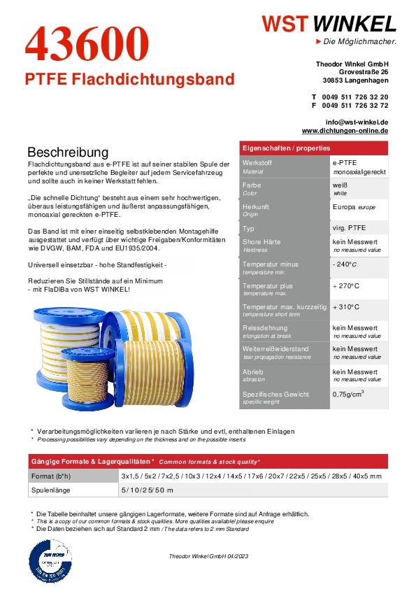 Flachdichtungsband 4360 L5 mxB20mm 7,0mm PTFE Spule