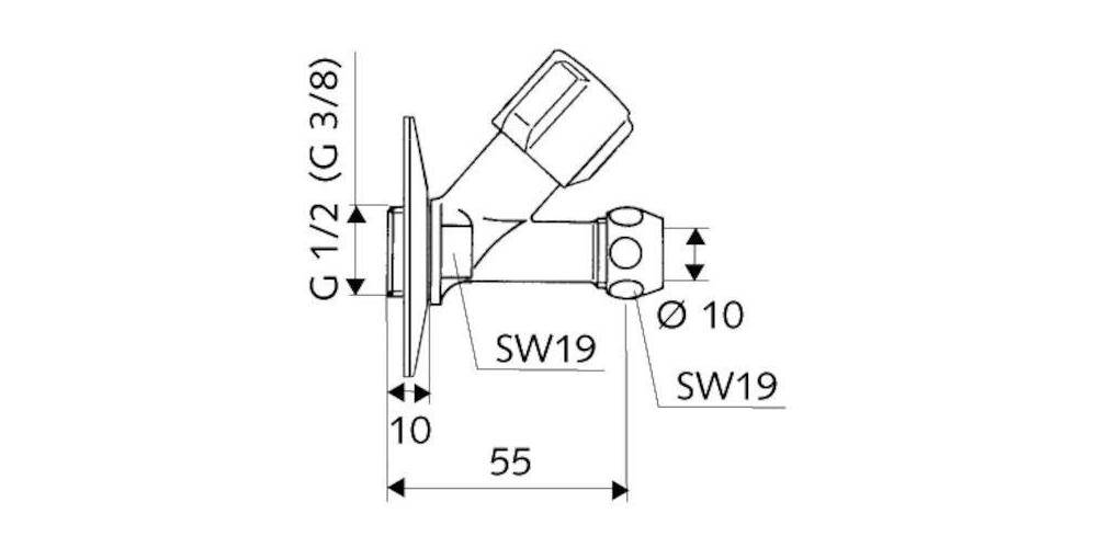 SCHELL Schrägsitzventil COMFORT kurze Bauform 1/2Zoll x 3/8Zoll chrom