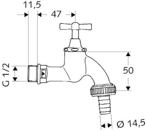 Eine technische Zeichnung eines Wasserhahns mit folgenden Maßangaben: Breite 47 mm, Höhe 50 mm, Auslaufdurchmesser 14 mm, Abstand zum Griff 11,5 mm.