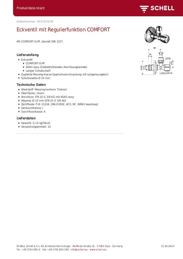 Schell Eckregulierventil COMFORT chrom, mit ASAG 3/8Zollx3/8Zoll