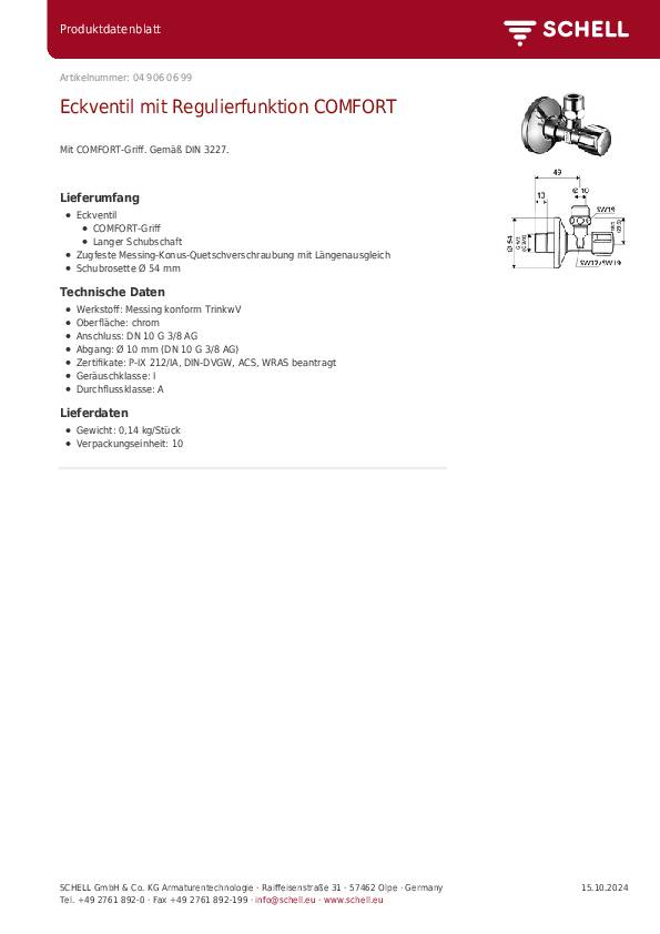 Schell Eckregulierventil COMFORT chrom, ohne ASAG 3/8Zollx3/8Zoll