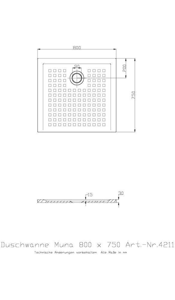 HOESCH Mineralguss-Duschwanne MUNA mit Antirutsch 800x750x30mm weiß