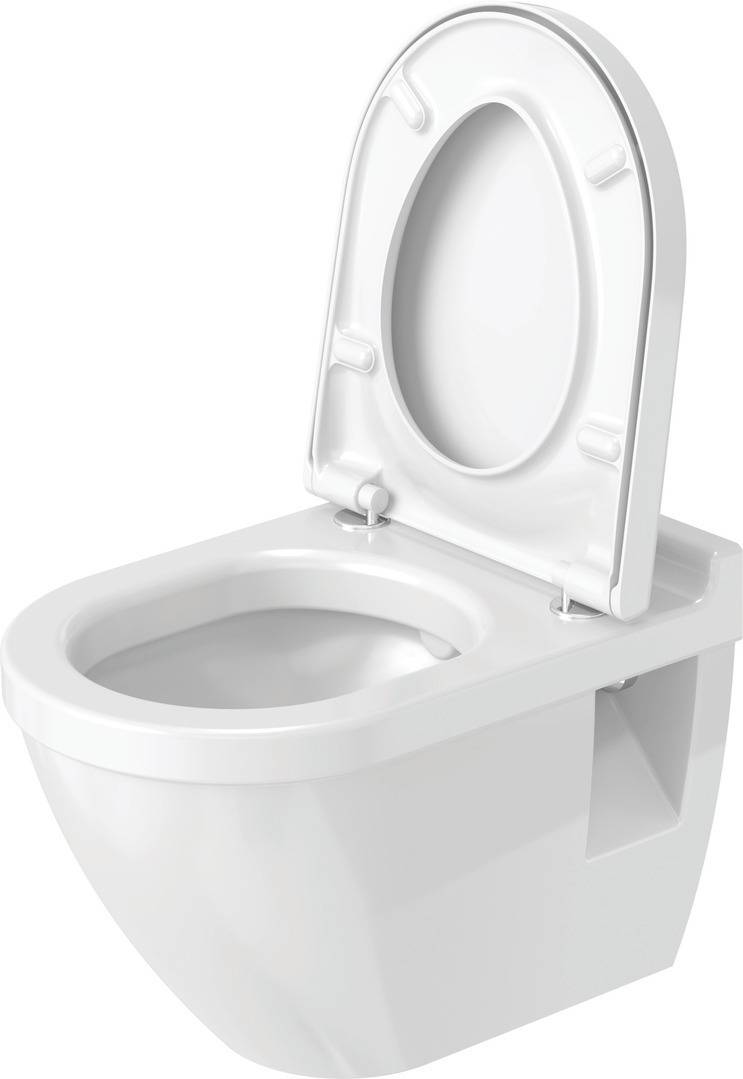 Weiße an der Wand montierte Toilette mit hochgeklapptem Sitz und Deckel, dargestellt in einer sauberen Produktansicht vor einfachem Hintergrund.