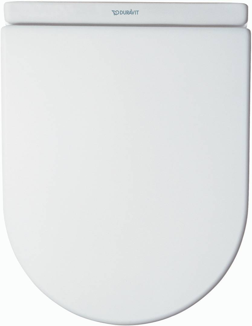 Weiße, wandmontierte Duravit-Toilette von vorne fotografiert, mit abgerundetem geschlossenem Deckel und minimalistischem Design.