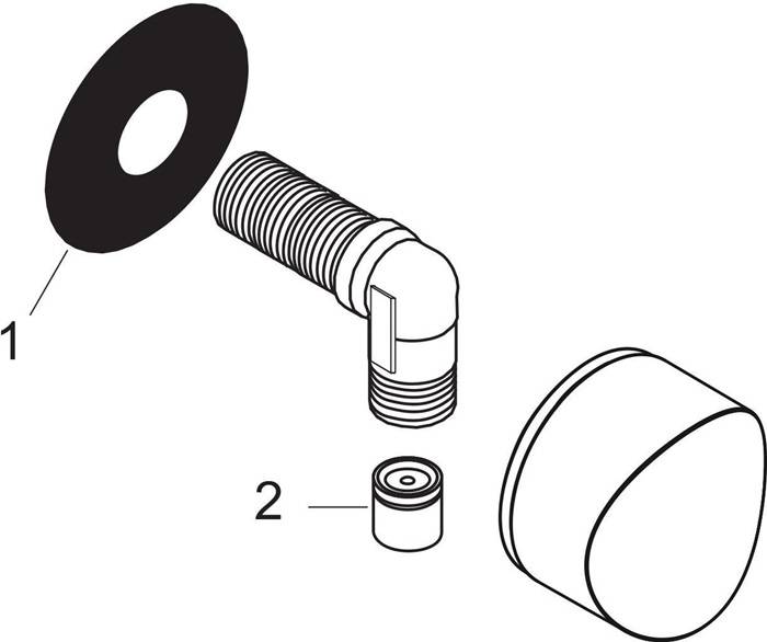 Darstellung einer Rohrbaugruppe: ein gebogenes Rohr mit Gewindeende, einer Scheibe und einem zylindrischen Verbindungsstück, das als Teil 2 gekennzeichnet ist.