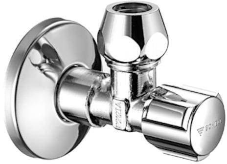 Ein glänzendes Metallwasserhahn mit einem runden Griff und Gewindeanschlüssen, der zur Steuerung des Wasserflusses in Rohrleitungen verwendet wird.