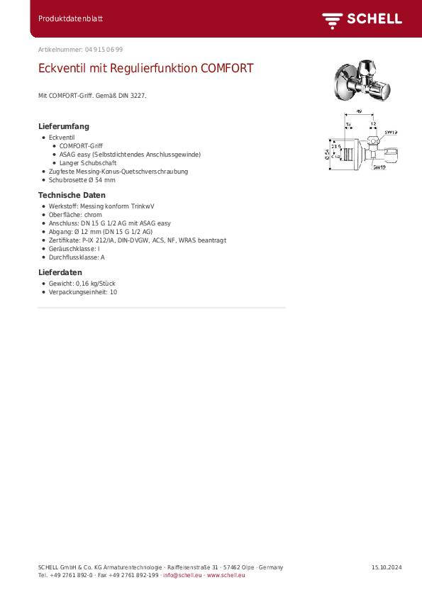 Schell Eckregulierventil COMFORT 1/2Zollx12mm, mit ASAG chrom