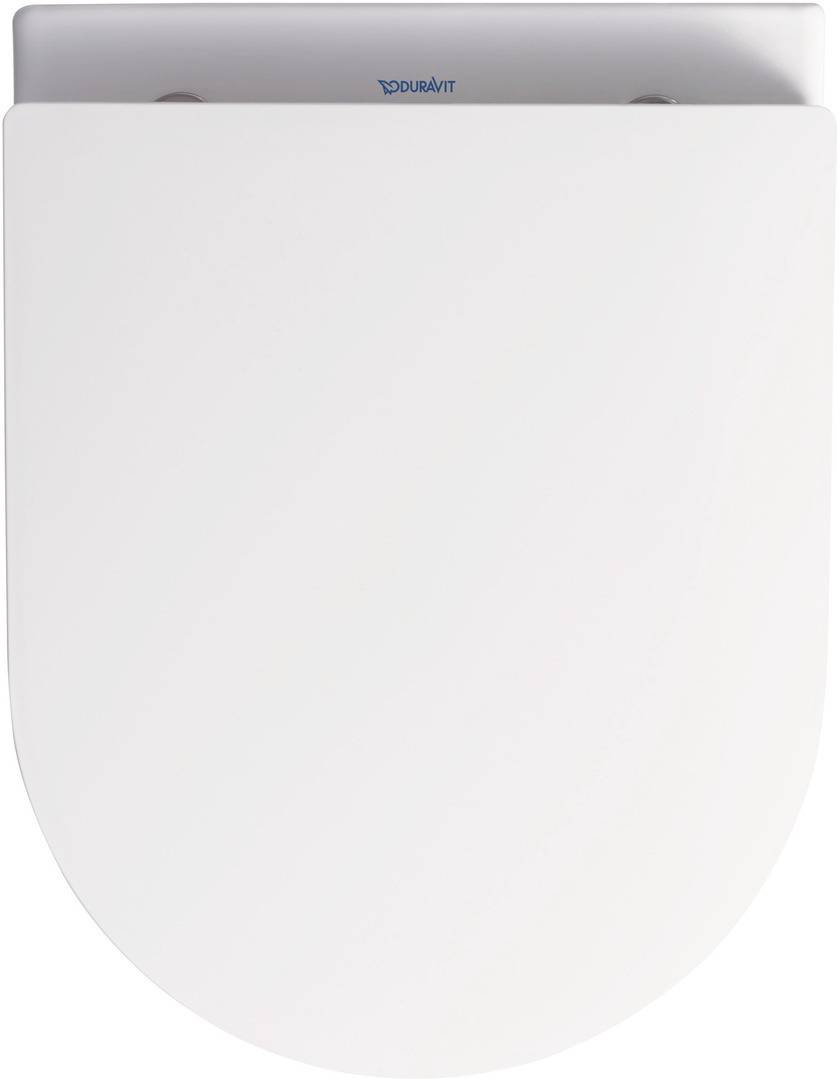 Weiße moderne wandmontierte Toilettensitz oder -deckel mit abgerundeter Vorderseite und verborgenem oberen Scharnier.