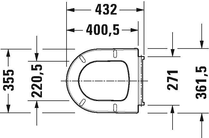 Technische Skizze eines Toilettensitzes mit Bemaßungspfeilen, die Breite 432 mm, Tiefe 355 mm, inneres Maß 400,5 mm sowie zusätzliche Abmessungen 220,5, 271 und 361,5 mm zeigt.